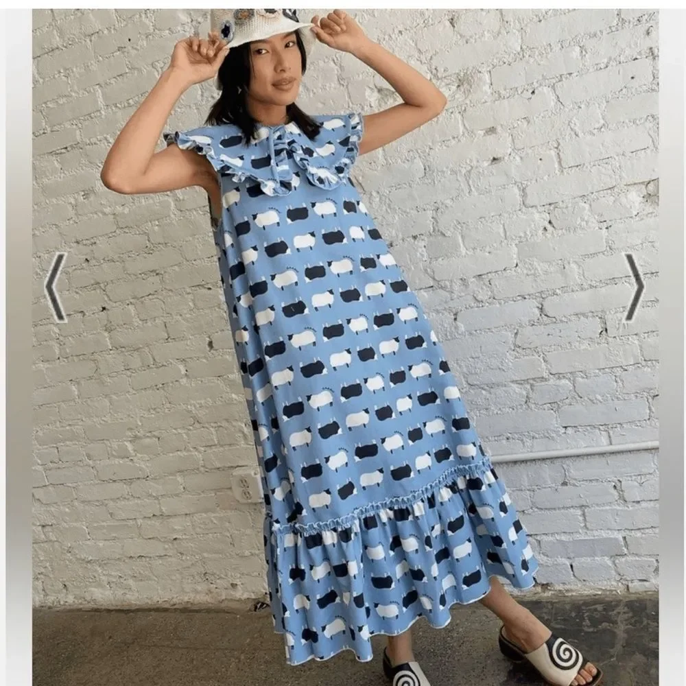 NEW LISA SAYS GAH Stevie Blue Novelty Counting Sheep Print Denim Midi Dress XS - Picture 4 of 17